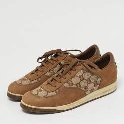 Pre Owned Gucci Brown/Beige GG Canvas and Suede Web Lace Up Sneakers Size 39