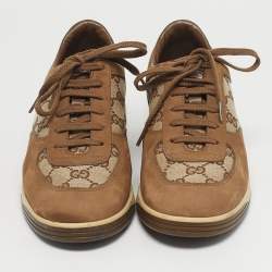Pre Owned Gucci Brown/Beige GG Canvas and Suede Web Lace Up Sneakers Size 39