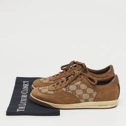Pre Owned Gucci Brown/Beige GG Canvas and Suede Web Lace Up Sneakers Size 39