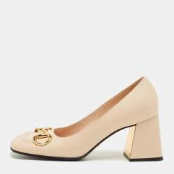 Pre Owned Gucci Beige Leather Horsebit  Block Heel Pumps Size 39