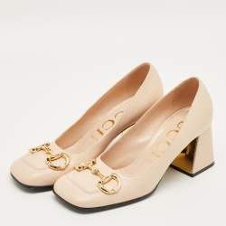 Pre Owned Gucci Beige Leather Horsebit  Block Heel Pumps Size 39
