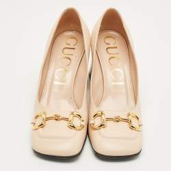 Pre Owned Gucci Beige Leather Horsebit  Block Heel Pumps Size 39