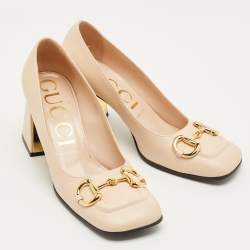Pre Owned Gucci Beige Leather Horsebit  Block Heel Pumps Size 39