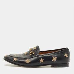 Pre Owned Gucci Black Leather Embroidered Bee Star Horsebit Slip On Loafers Size 40