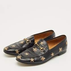 Pre Owned Gucci Black Leather Embroidered Bee Star Horsebit Slip On Loafers Size 40
