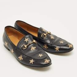 Pre Owned Gucci Black Leather Embroidered Bee Star Horsebit Slip On Loafers Size 40