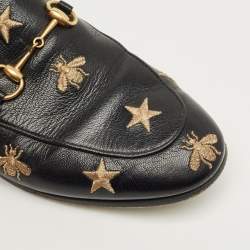 Pre Owned Gucci Black Leather Embroidered Bee Star Horsebit Slip On Loafers Size 40