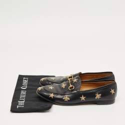 Pre Owned Gucci Black Leather Embroidered Bee Star Horsebit Slip On Loafers Size 40