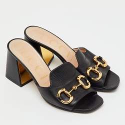 Pre Owned Gucci Black Leather Horsebit Block Heel Slide Sandals Size 37.5