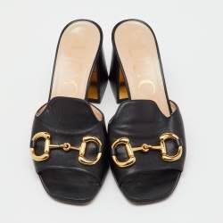 Pre Owned Gucci Black Leather Horsebit Block Heel Slide Sandals Size 37.5