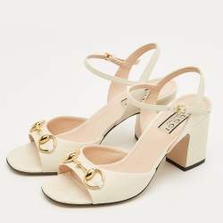 Pre Owned Gucci Off White Leather Horsebit Ankle Strap Sandals Size 36
