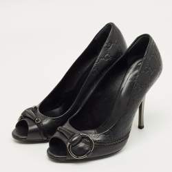 Pre Owned Gucci Black Guccissima Leather Horsebit Peep Toe Pumps Size 39