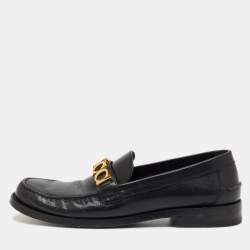 Pre Owned Gucci Black Leather Cara Logo Embellished Slip On Loafers Size 41