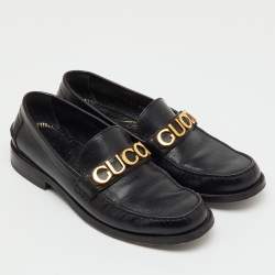 Pre Owned Gucci Black Leather Cara Logo Embellished Slip On Loafers Size 41