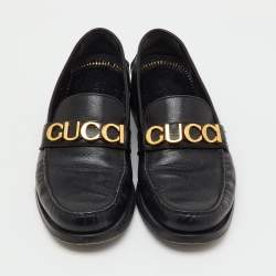 Pre Owned Gucci Black Leather Cara Logo Embellished Slip On Loafers Size 41