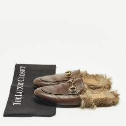 Pre Owned Gucci Brown Leather and Fur Princetown Horsebit Flat Mules Size 36