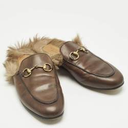 Pre Owned Gucci Brown Leather and Fur Princetown Horsebit Flat Mules Size 36