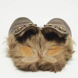 Pre Owned Gucci Brown Leather and Fur Princetown Horsebit Flat Mules Size 36