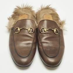 Pre Owned Gucci Brown Leather and Fur Princetown Horsebit Flat Mules Size 36