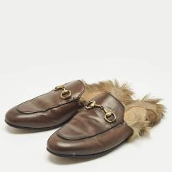 Pre Owned Gucci Brown Leather and Fur Princetown Horsebit Flat Mules Size 36