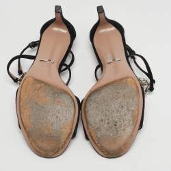 Pre Owned Gucci Black Suede Interlocking G Crystals Ankle Strap Sandals Size 38.5