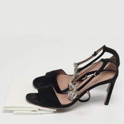 Pre Owned Gucci Black Suede Interlocking G Crystals Ankle Strap Sandals Size 38.5