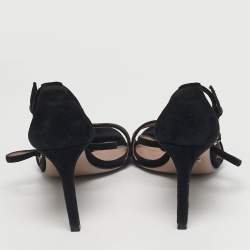Pre Owned Gucci Black Suede Interlocking G Crystals Ankle Strap Sandals Size 38.5