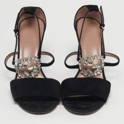 Pre Owned Gucci Black Suede Interlocking G Crystals Ankle Strap Sandals Size 38.5