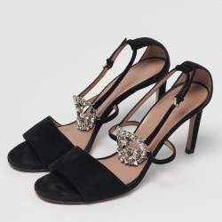 Pre Owned Gucci Black Suede Interlocking G Crystals Ankle Strap Sandals Size 38.5