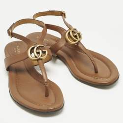 Pre Owned Gucci Brown Leather Thong Flat Slingback Sandals Size 38.5
