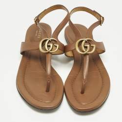 Pre Owned Gucci Brown Leather Thong Flat Slingback Sandals Size 38.5