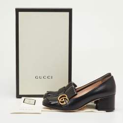 Pre Owned Gucci Black Leather GG Marmont Fringe Detail Block Heel Pumps Size 37