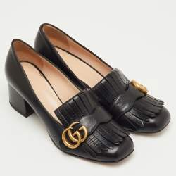Pre Owned Gucci Black Leather GG Marmont Fringe Detail Block Heel Pumps Size 37