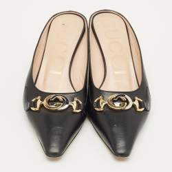 Pre Owned Gucci Zumi Interlocking G Size 36.5 Black Leather Mules