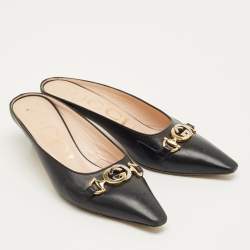 Pre Owned Gucci Zumi Interlocking G Size 36.5 Black Leather Mules