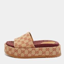 Pre Owned Gucci GG Canvas Size 36.5 Beige Canvas Platform Sandals