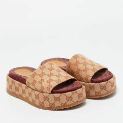 Pre Owned Gucci GG Canvas Size 36.5 Beige Canvas Platform Sandals