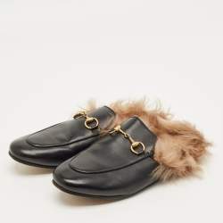 Pre Owned Gucci Princetown Size 36.5 Black Leather and Fur Lined Flat Mules
