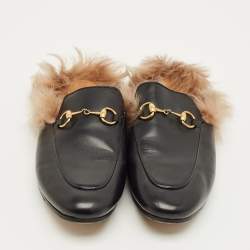 Pre Owned Gucci Princetown Size 36.5 Black Leather and Fur Lined Flat Mules
