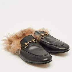 Pre Owned Gucci Princetown Size 36.5 Black Leather and Fur Lined Flat Mules