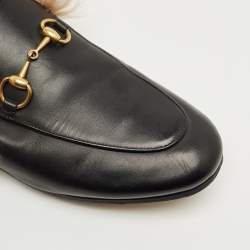 Pre Owned Gucci Princetown Size 36.5 Black Leather and Fur Lined Flat Mules