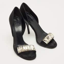 مملوكة مسبقًا Gucci Crystal Embellished Size 36.5 Black Satin Open Toe D'orsay Pumps