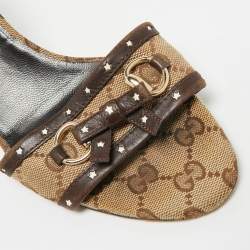 Pre Owned Gucci Horsebit Size 38.5 Brown Canvas and Leather Slide Sandals
