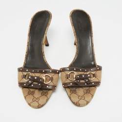 Pre Owned Gucci Horsebit Size 38.5 Brown Canvas and Leather Slide Sandals