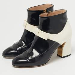 Pre Owned Gucci Size 36 Black/White Patent Leather Bow Ankle Length Boots