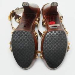 مملوكة مسبقًا صندل غوتشي برباط حول الكاحل نقشة زهور بني كانفس منصة خشبية مقاس 37