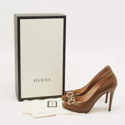 مملوكة مسبقًا Gucci Horsebit Size 39.5 Brown Leather Peep Toe Pumps
