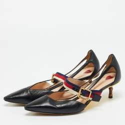 مملوكة مسبقًا Gucci Sylvie Size 38 Black Leather Pointed Toe Web Unia Mary Jane Pumps
