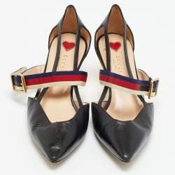 مملوكة مسبقًا Gucci Sylvie Size 38 Black Leather Pointed Toe Web Unia Mary Jane Pumps