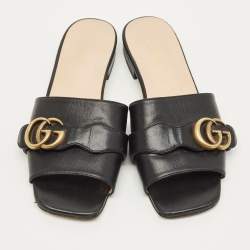 مملوكة مسبقًا شَبْشَب فلات غوتشي جي متشابك جلد أسود بمشبك مقاس 37